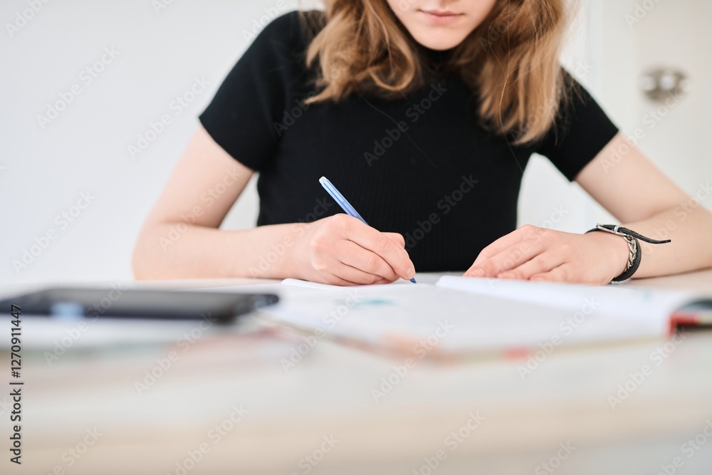 Beautiful schoolgirl sits at a desk with notebooks and textbooks, does homework Beautiful schoolgirl sits at a desk with notebooks and textbooks, does homework