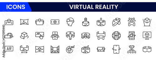 Virtual reality icon set. It contains VR, augmented reality, headset, immersive, mixed reality, AR, 360-degree, and more. Solid vector icons collection.