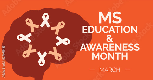 Multiple Sclerosis MS Education Awareness Month: Brain with Ribbons on Orange BackgroundMultiple Sclerosis MS Education Awareness Month: Brain with Ribbons on Orange Background
