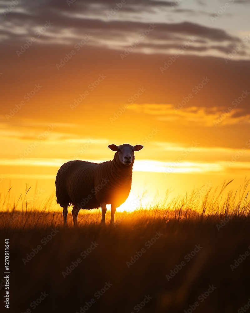 Fototapeta premium Sheep standing in a field at sunset