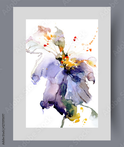 Spring wildflower during period of spring flowering and release of fragrant pollen, on poster in abstract style. Bright wildflower from botanical garden grown by professional flower growers