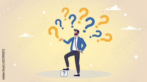 Uncertainty, confusion and decision making, choosing options or choices, answer for question or solution, problem solving, frustrated businessman thinking and make decision with many question marks.