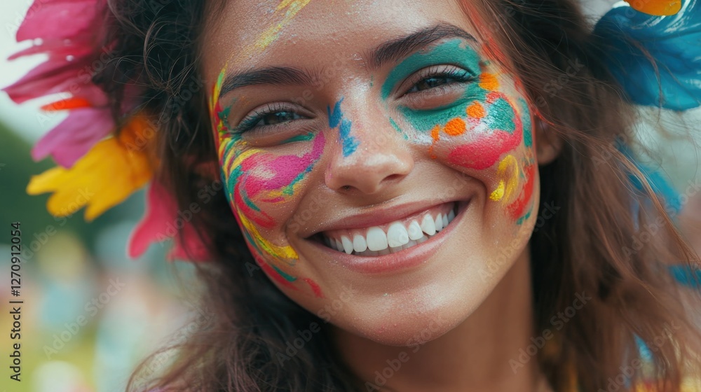 A joyful, smiling woman wearing colorful face paint at a festival or event. A joyful, smiling woman wearing colorful face paint at a festival or event.