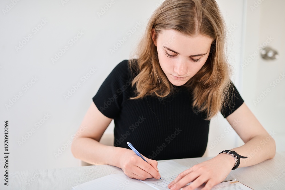 Beautiful schoolgirl sits at a desk with notebooks and textbooks, does homework Beautiful schoolgirl sits at a desk with notebooks and textbooks, does homework