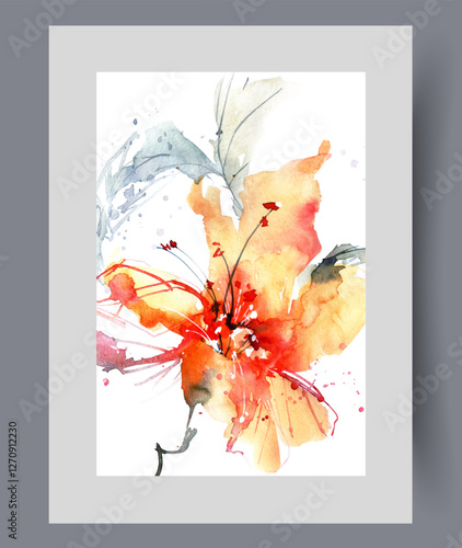 Beautiful lily flower blooms and spreads its orange petals to sides after arrival of spring season. Watercolour artwork with lily in abstract style to decorate walls of house, fan of natural flowers