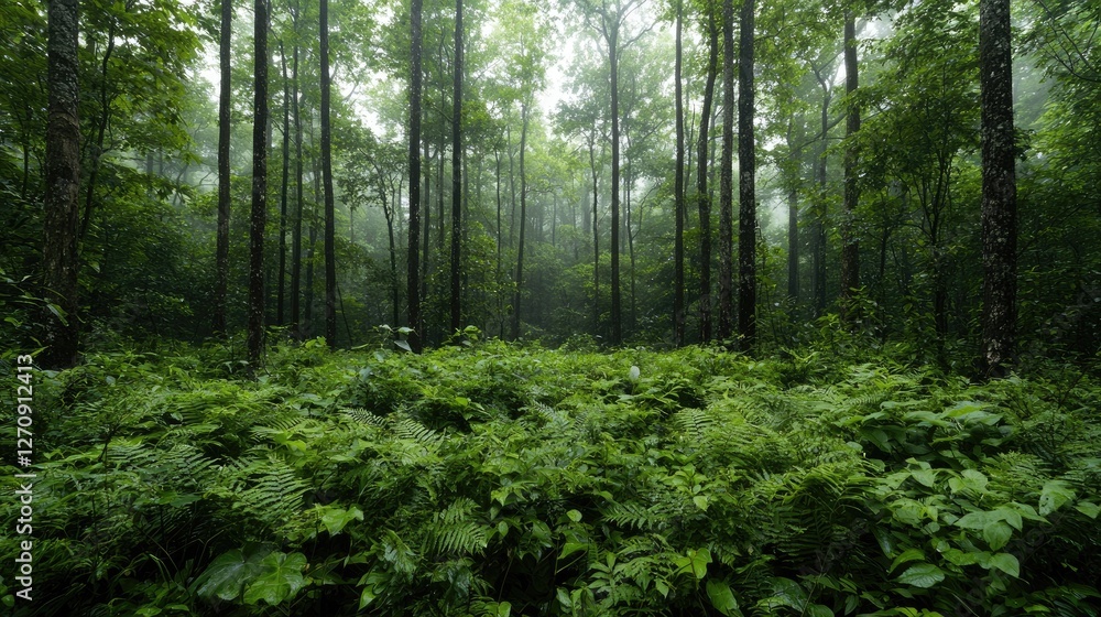 Obraz premium Misty Forest Floor, Lush Green Plants, Tranquil Scenery, Ideal for Nature Background
