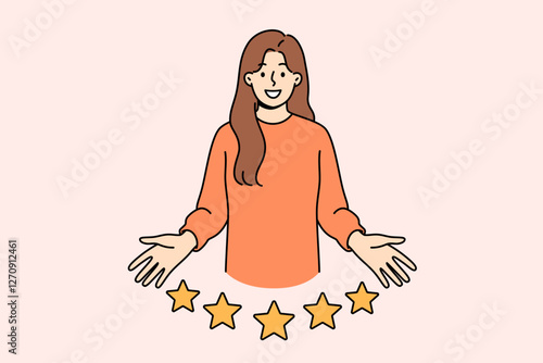 Woman client gives five-star rating for company and smiles while looking at screen. Positive user experience was received by woman leaving positive experience and demonstrating five stars