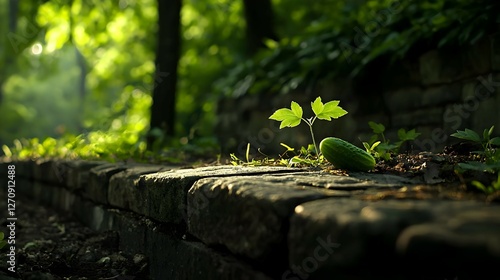 Wallpaper Mural Young Plant Sprouting From Stone Wall In Sunlight Torontodigital.ca