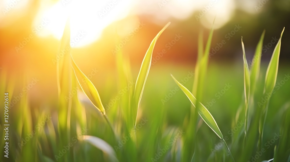 Fototapeta premium Close up of fresh green blades of grass illuminated by the warm golden light of the sunset : Generative AI