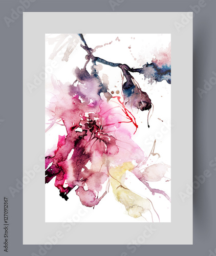 Flower on branch of spring tree with budding buds after warming and end of winter season. Watercolor artwork of blossoming cherry or sakura tree with pink flower appearing before fruit appears