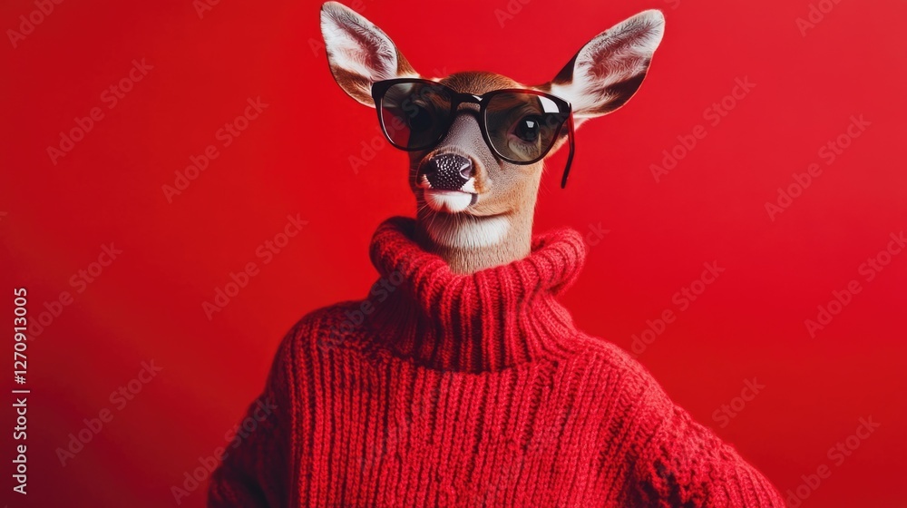 A playful costume featuring the head of a deer atop a person, complete with a red sweater and sunglasses. Perfect for holiday parties or pet-friendly events. A playful costume featuring the head of a deer atop a person, complete with a red sweater and sunglasses. Perfect for holiday parties or pet-friendly events.