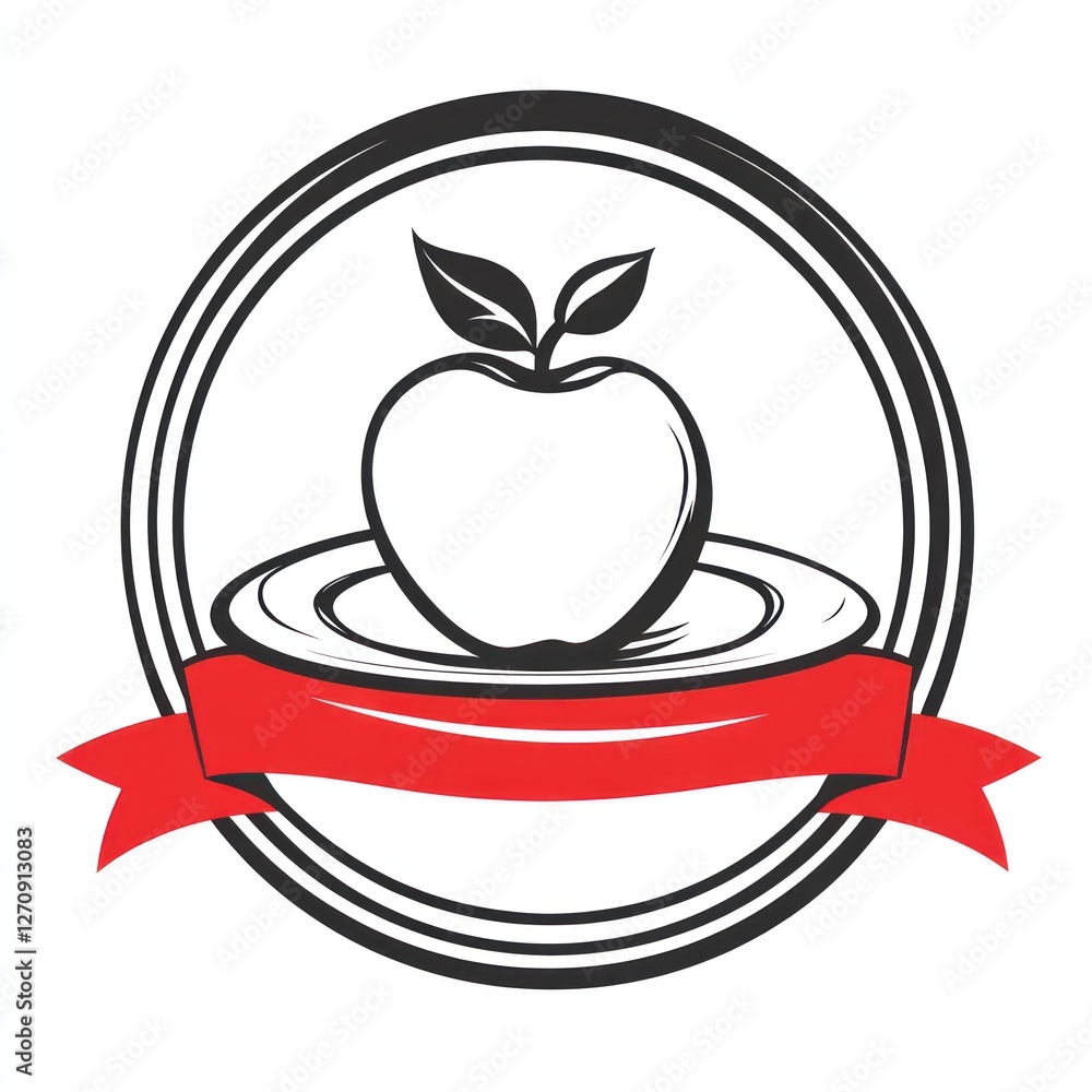 Apple on plate, red ribbon, circle frame; healthy food logo Apple on plate, red ribbon, circle frame; healthy food logo