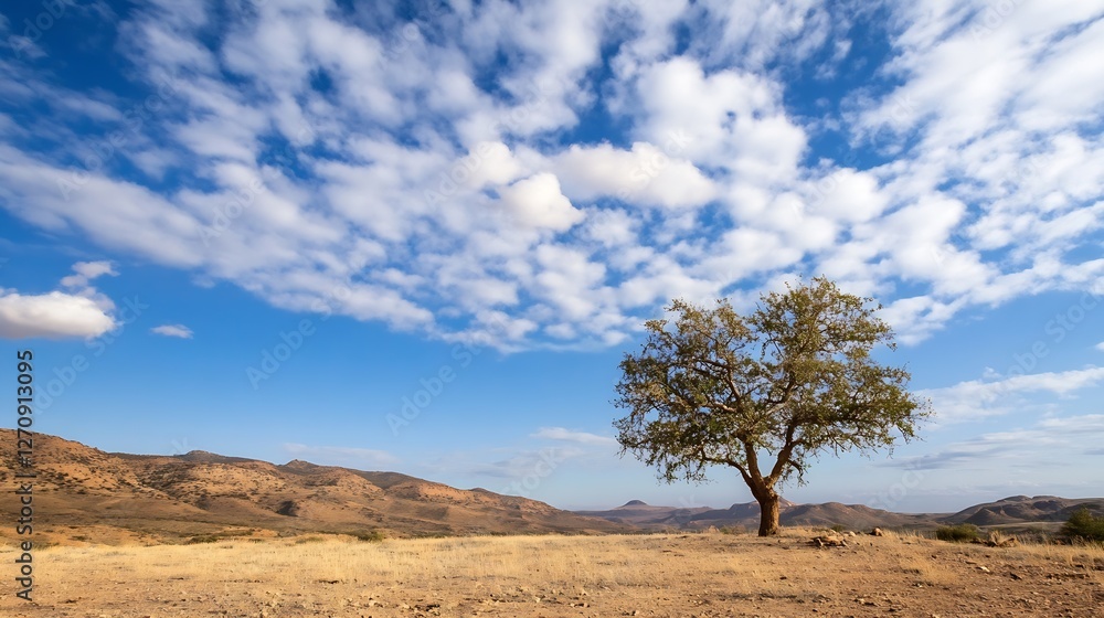 Solitary tree standing majestically against a blue sky with soft clouds in a desert landscape : Generative AI Solitary tree standing majestically against a blue sky with soft clouds in a desert landscape : Generative AI