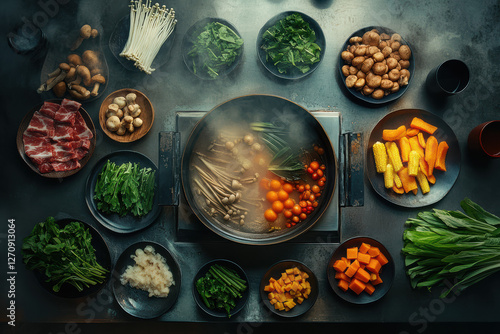 Wallpaper Mural A rich and aromatic hot pot feast, captured in a dramatic overhead composition. The bubbling, steaming broth is packed with tender meat, fresh vegetables, and bold spices, surrounded by an assortment  Torontodigital.ca