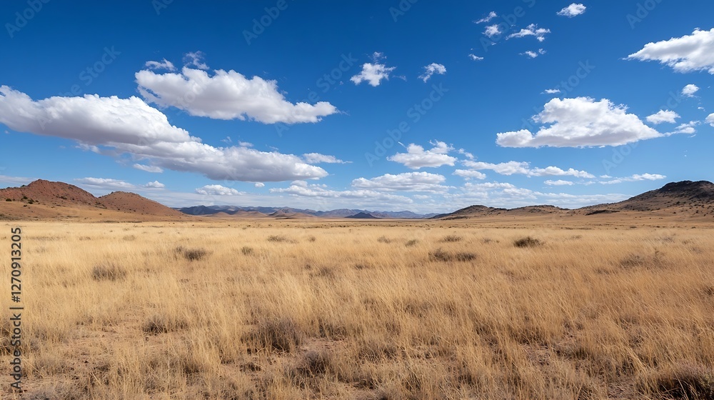 Expansive golden grassland under a bright blue sky with fluffy white clouds creating a picturesque view : Generative AI Expansive golden grassland under a bright blue sky with fluffy white clouds creating a picturesque view : Generative AI