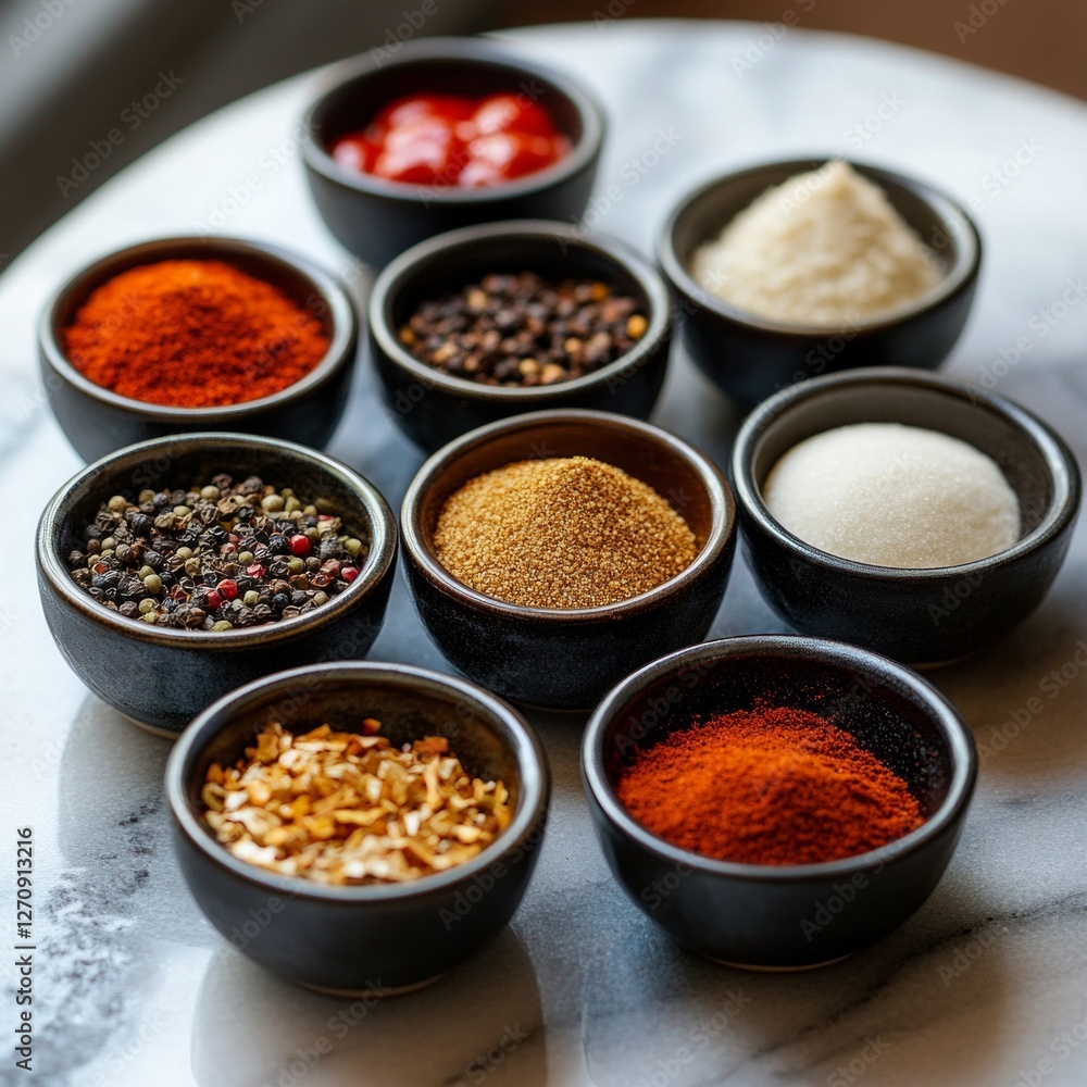 Assorted spices in bowls on marble table enhancing culinary flavors and aromas Assorted spices in bowls on marble table enhancing culinary flavors and aromas
