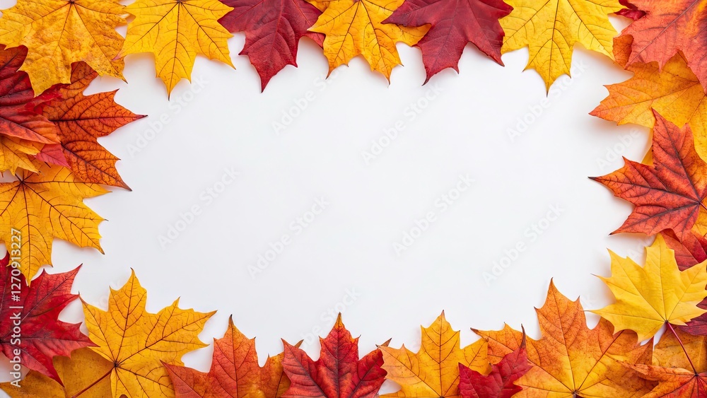 Obraz premium Vibrant Autumn Leaves Border Frame on White Background for Seasonal Food Photography and Fall Recipes