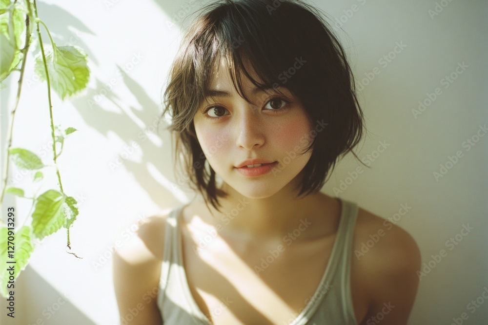 Beautiful Japanese woman with short hair, in front of a white wall with a green plant and sunlight. Beautiful Japanese woman with short hair, in front of a white wall with a green plant and sunlight.