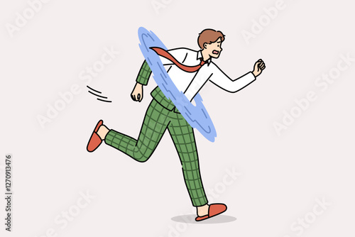 Business man teleports and changes clothes on go, trying to get to work and meet deadline. Guy office worker teleports to avoid being late and not getting reprimanded by evil boss.