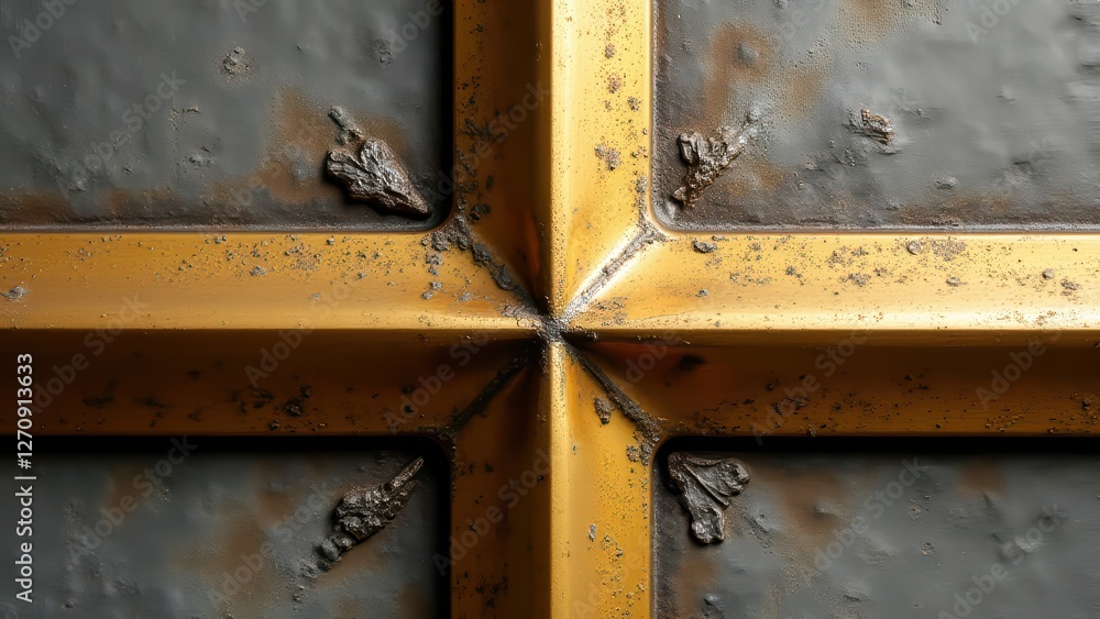 A close-up view of an elegant golden cross pattern on an old metallic surface with intricate details. The intersection of lines creates a symmetrical shape. A close-up view of an elegant golden cross pattern on an old metallic surface with intricate details. The intersection of lines creates a symmetrical shape.