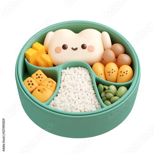 A 3D Cute bento box with rice, Tamago, and vegetable on transparant background 