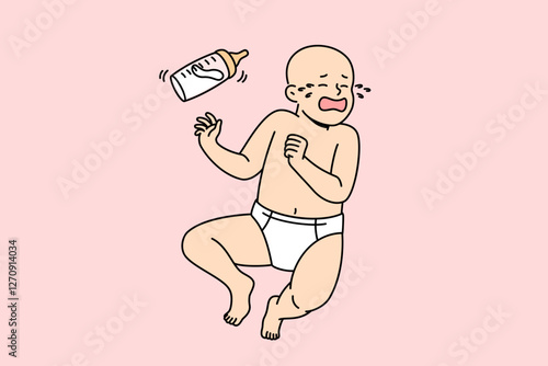 Newborn is crying due to lack of breast milk and use of baby food with chemicals. Hysteria of newborn baby in diaper, in need of maternal affection or replacement bottle with pacifier