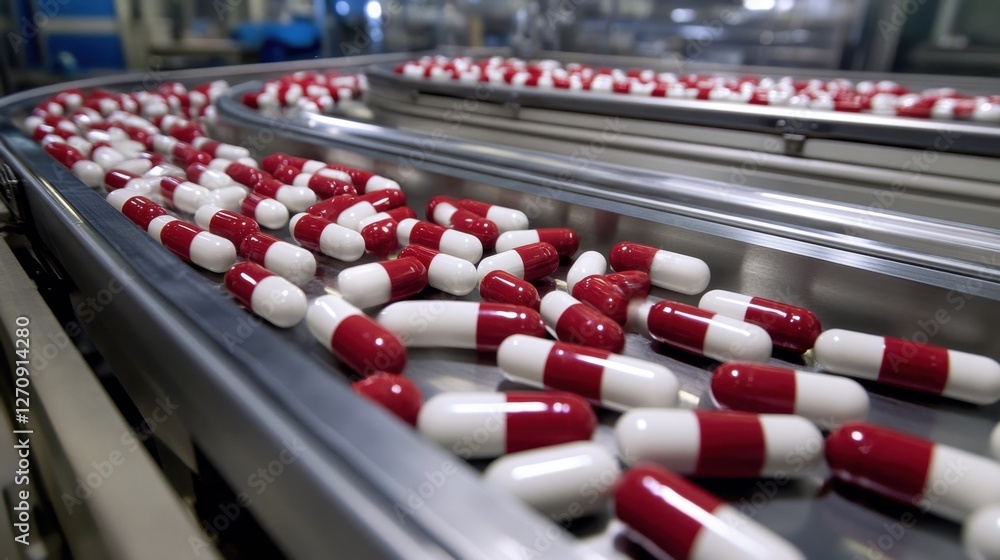Obraz premium A high-speed production line transporting red and white capsule pills through a sterile environment.