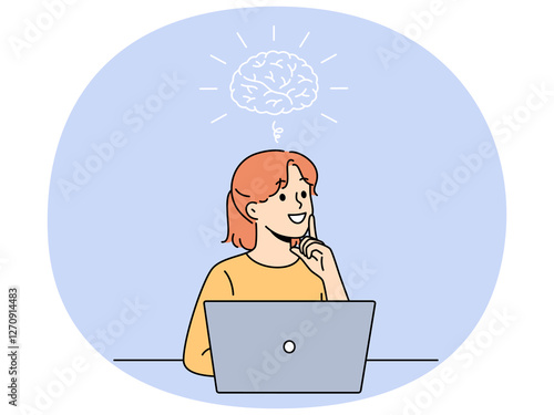 Smiling girl is doing brainstorming sitting near laptop and thinking about best solution to problem. Schoolgirl doing brainstorming about getting online education on school website