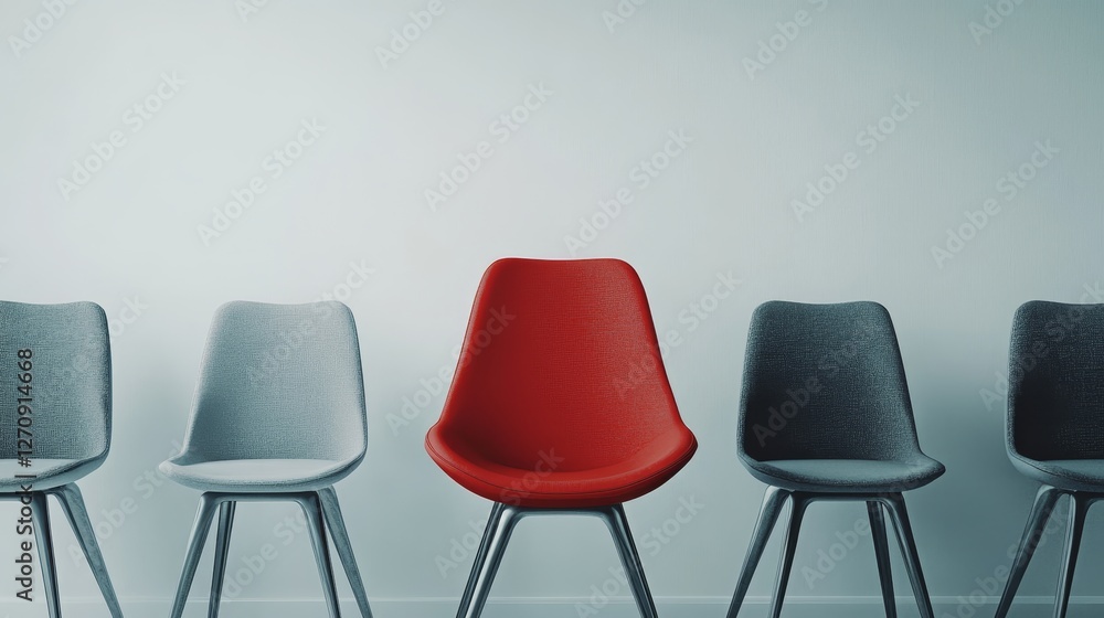 Obraz premium Bold Red Chair Unique Style, Surrounded by Grey Chairs Minimalist Design, Contrast Concept Art Interior Decor