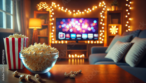 A cozy home movie night scene featuring a glass bowl of popcorn