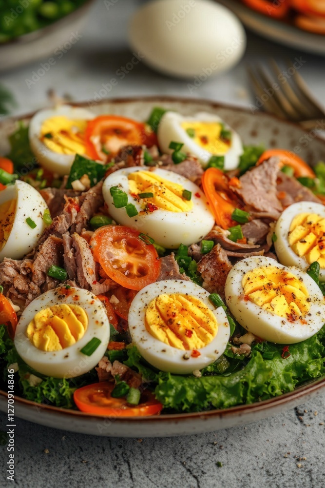 A fresh, nutrient-rich meal consisting of boiled eggs, meat, and vegetables. Perfect for a healthy breakfast, lunch, or dinner. A fresh, nutrient-rich meal consisting of boiled eggs, meat, and vegetables. Perfect for a healthy breakfast, lunch, or dinner.