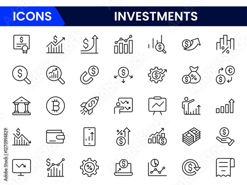 Investment, investor, risk management, economy, financial gain, money, coins symbols. Outline icon collection. Vector illustration