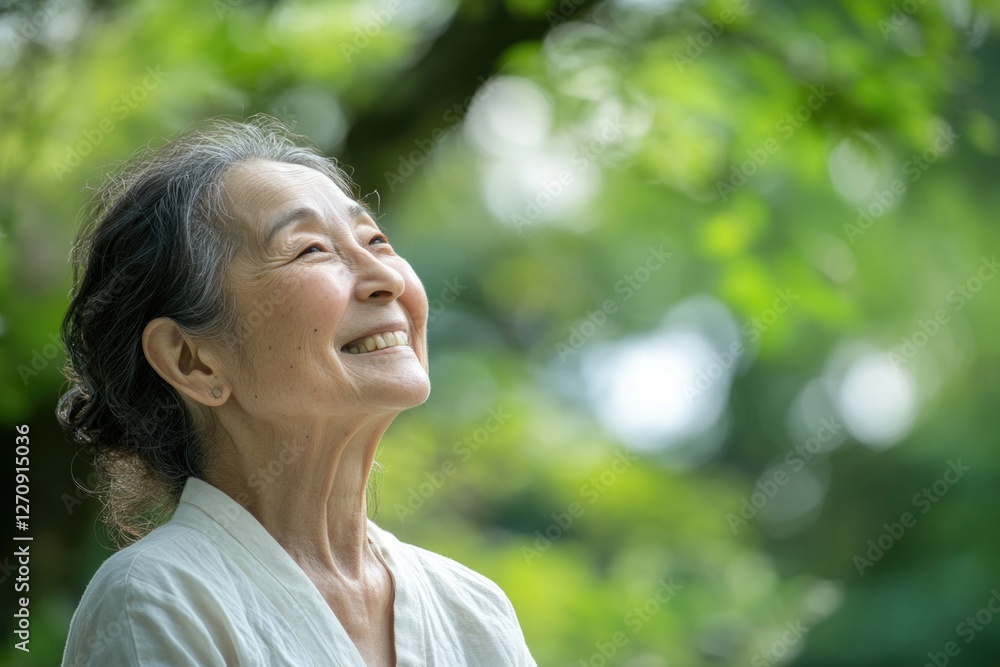 Happy, middle-aged Japanese woman in a white shirt, smiling while standing outdoors with green trees. Happy, middle-aged Japanese woman in a white shirt, smiling while standing outdoors with green trees.