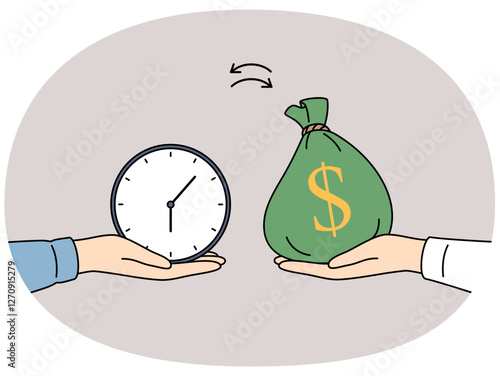 Hand with money and clock as metaphor for exchanging financial resources for time and delegation to increase productivity. Business concept of selling own free time and getting money for work