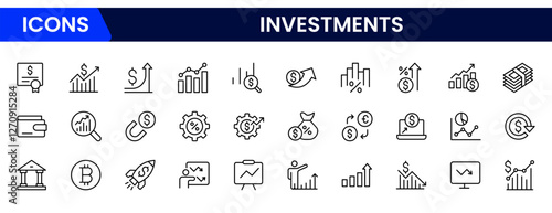 Investment, investor, risk management, economy, financial gain, money, coins symbols. Outline icon collection. Vector illustration