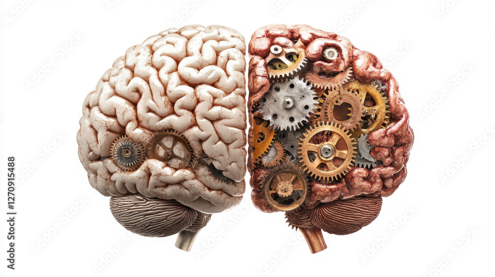 A brain split in half, one side shiny and perfect, the other side dull and cracked, Brain with gears. the concept of logical and associative thinking man. A brain split in half, one side shiny and perfect, the other side dull and cracked, Brain with gears. the concept of logical and associative thinking man.