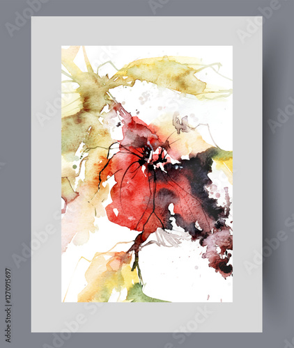 Flower on artwork is in surrealistic style, with branch of flowering plant and bud flying to sides. Watercolor poster with bright red flower on summer tree or shrub, for decorating herbarium