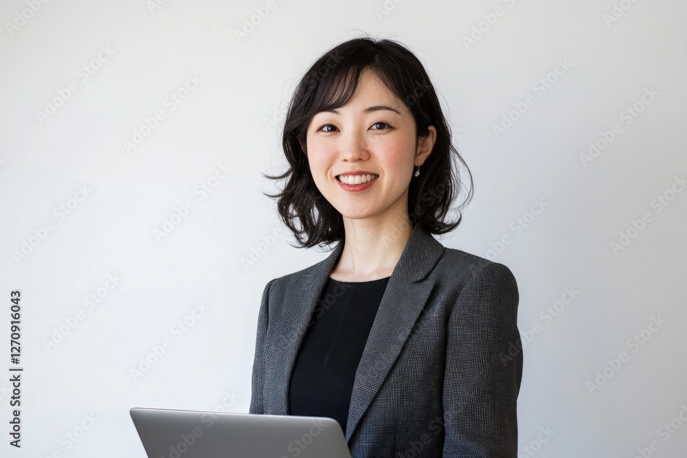Japanese woman with short hair, holding a laptop and smiling, against a white background. Japanese woman with short hair, holding a laptop and smiling, against a white background.