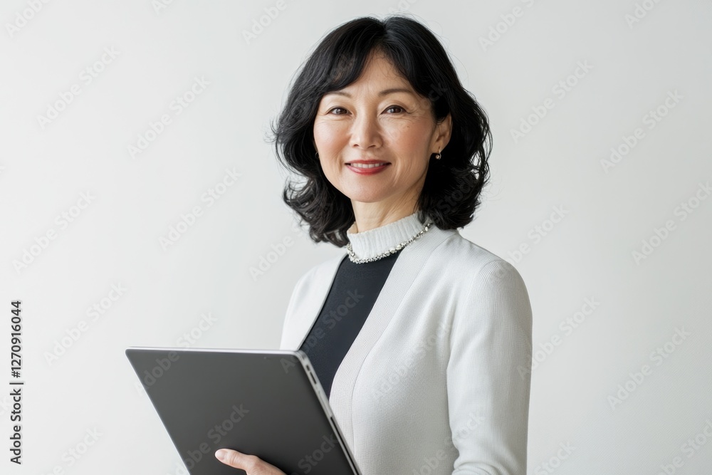 Japanese woman with short hair, holding a laptop and smiling, against a white background. Japanese woman with short hair, holding a laptop and smiling, against a white background.
