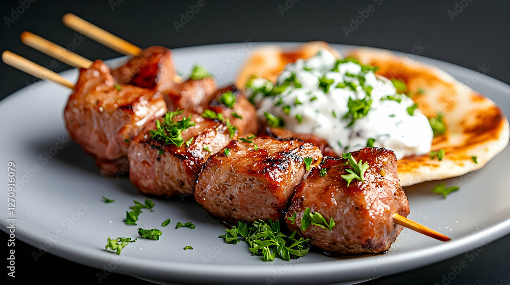 Grilled Greek Souvlaki Skewers With Tzatziki Sauce And Flatbread Grilled Greek Souvlaki Skewers With Tzatziki Sauce And Flatbread