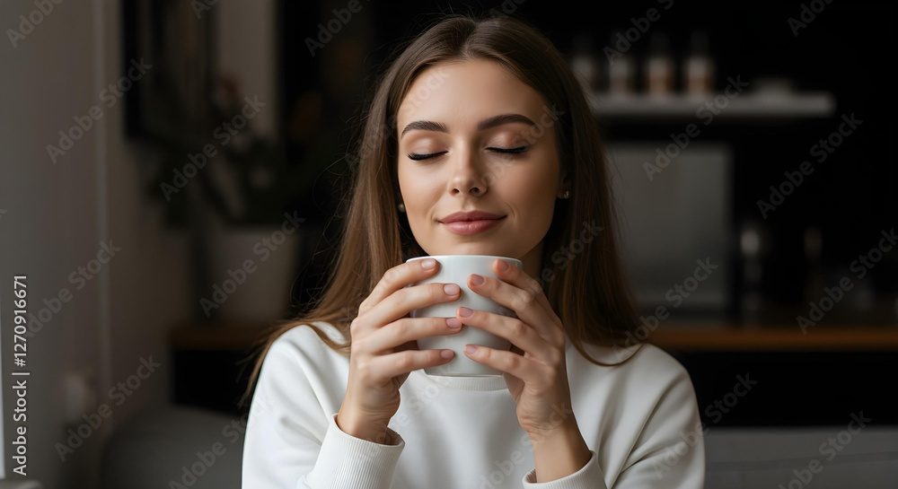 Cute young caucasian woman with closed eyes enjoys fragrant coffee in morning indoors. Brunette wears white sweatshirt. Lifestyle, different emotions, leisure concept. Cute young caucasian woman with closed eyes enjoys fragrant coffee in morning indoors. Brunette wears white sweatshirt. Lifestyle, different emotions, leisure concept.