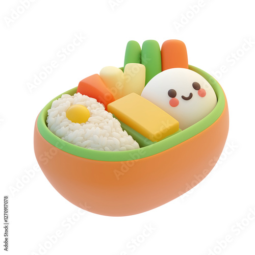 A 3D Cute bento box with rice, Tamago, and vegetable on transparant background 