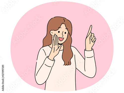 Happy woman tells secret by putting palm to mouth and pointing finger up to recommend paying attention to advertisement. Cheerful girl sharing secret by telling important information or life hacks