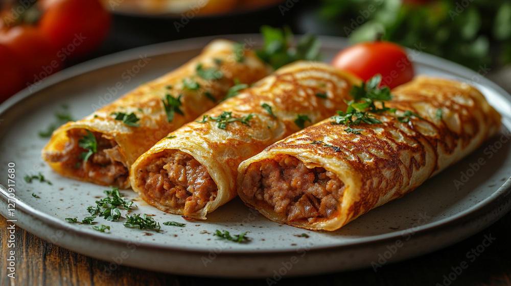 Pancakes stuffed with meat stuffing. Pancakes stuffed with meat stuffing.