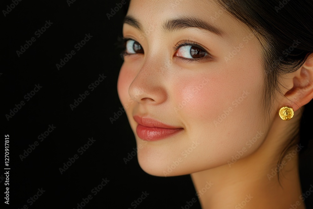 Close-up profile shot of a Japanese woman smiling with black hair, set against a black background. Close-up profile shot of a Japanese woman smiling with black hair, set against a black background.