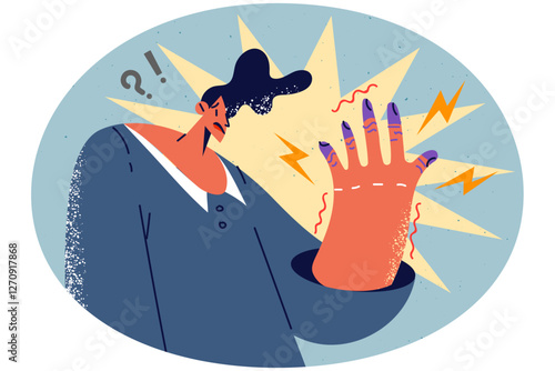 Unhealthy man frustrated with tremor in hands