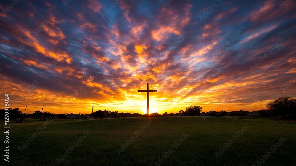 Obraz premium Inspiring silhouette of a cross against a vibrant sunset backdrop creating a spiritual atmosphere : Generative AI