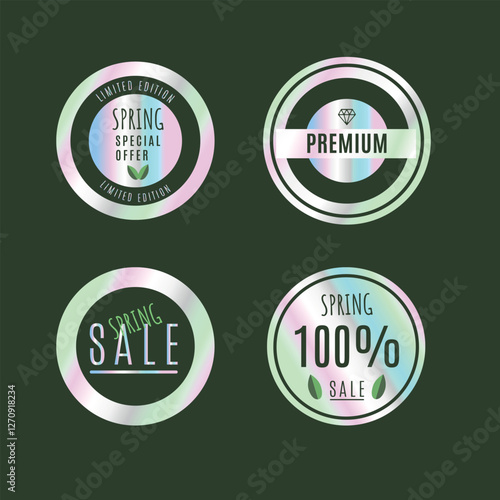 Sale spring hologram tags. Hologram stickers for season sale in marketing, promotion, web design. Vector illustration.