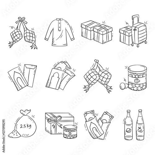 Eid al fitr doodle icon collection. Ramadan and eid mubarak celebration hand drawn illustration set. Containing ketupat, money, envelope, gift, rice, package, food parcel.