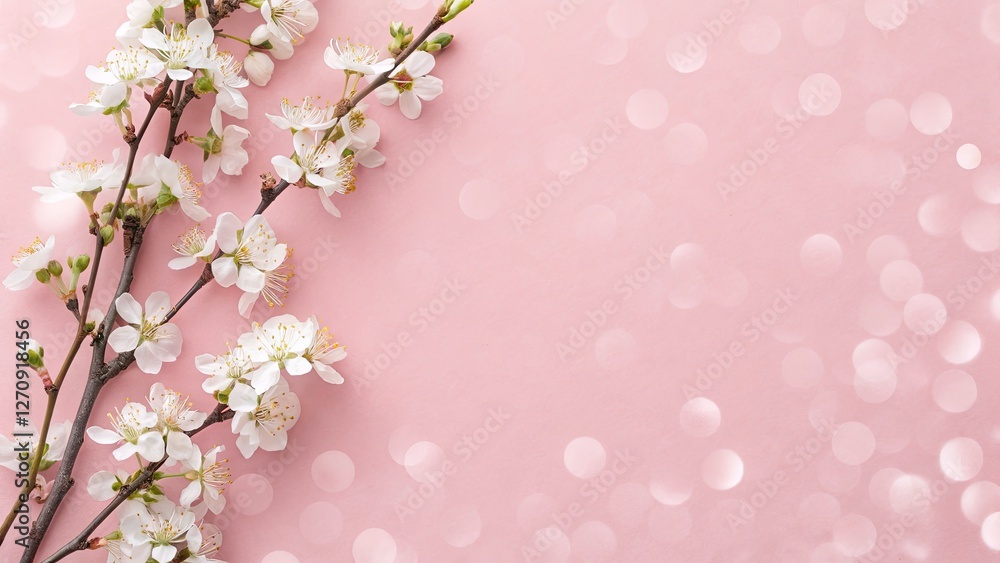 White Flower Branches on Powder Pink Background - Elegant Floral Flat Lay Mockup for Stationery and Design Projects White Flower Branches on Powder Pink Background - Elegant Floral Flat Lay Mockup for Stationery and Design Projects